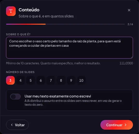 Campo de assunto preenchido com uma frase descrevendo o tema do conteúdo