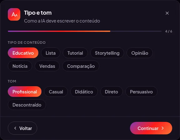 Tela de tipo e tom do assistente, com as opções de gênero de conteúdo e de voz