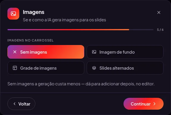 Tela de imagens do assistente com as quatro opções de como as fotos entram no projeto