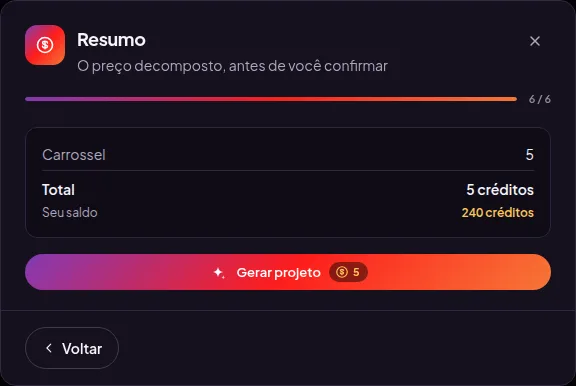 Tela de resumo do assistente mostrando o custo decomposto e o saldo disponível