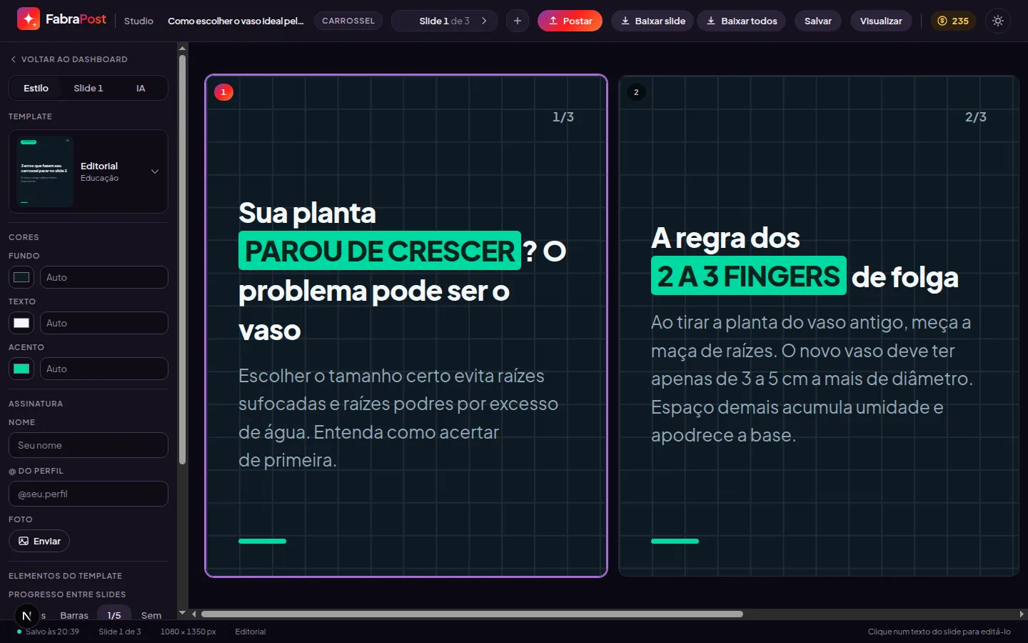 Aba Estilo do editor, com a troca de modelo e os controles de cor e tipografia do projeto