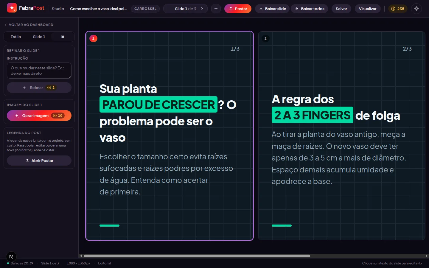 Aba IA do editor, com as ações de refinamento e o preço de cada uma no botão