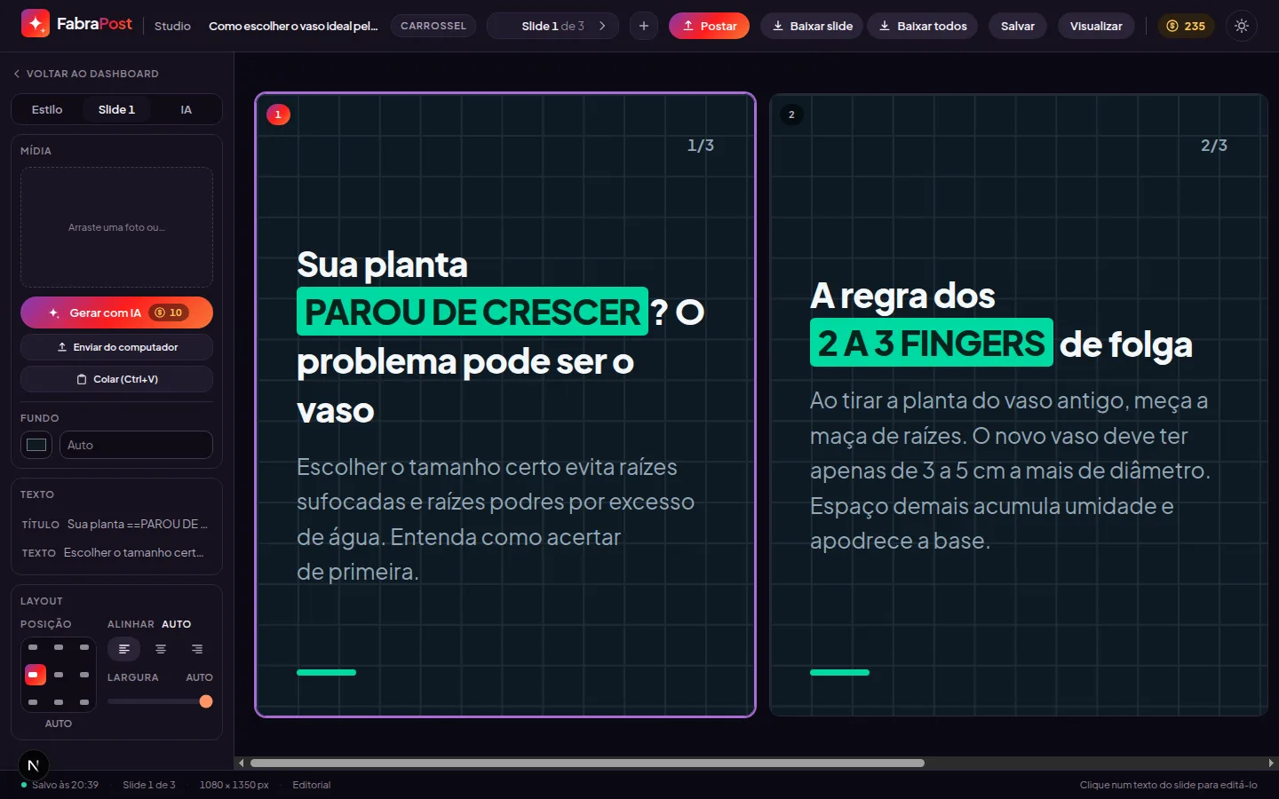 Aba Slide do editor, com o cartão de mídia, os controles de layout e a lista de textos do slide